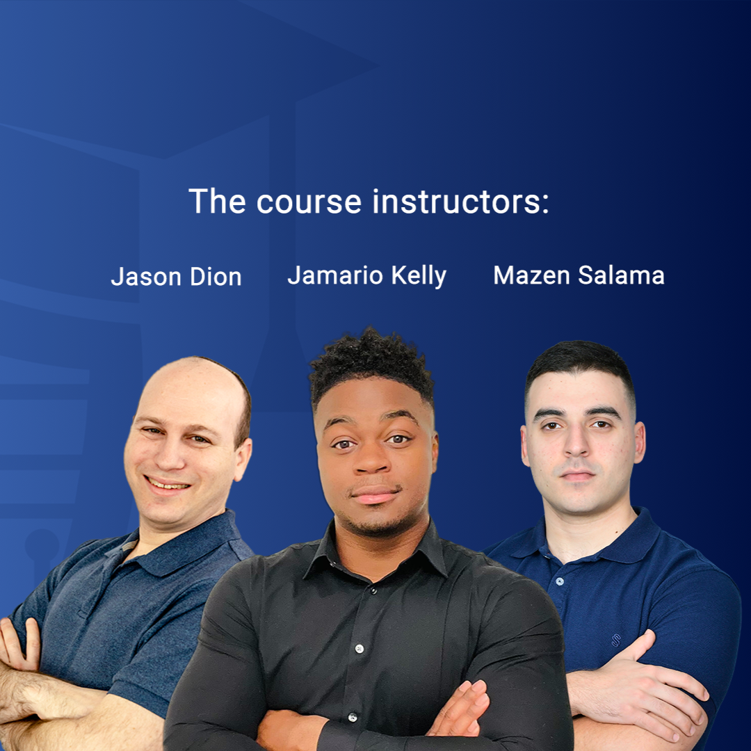 Three course instructors with their names displayed on a blue background