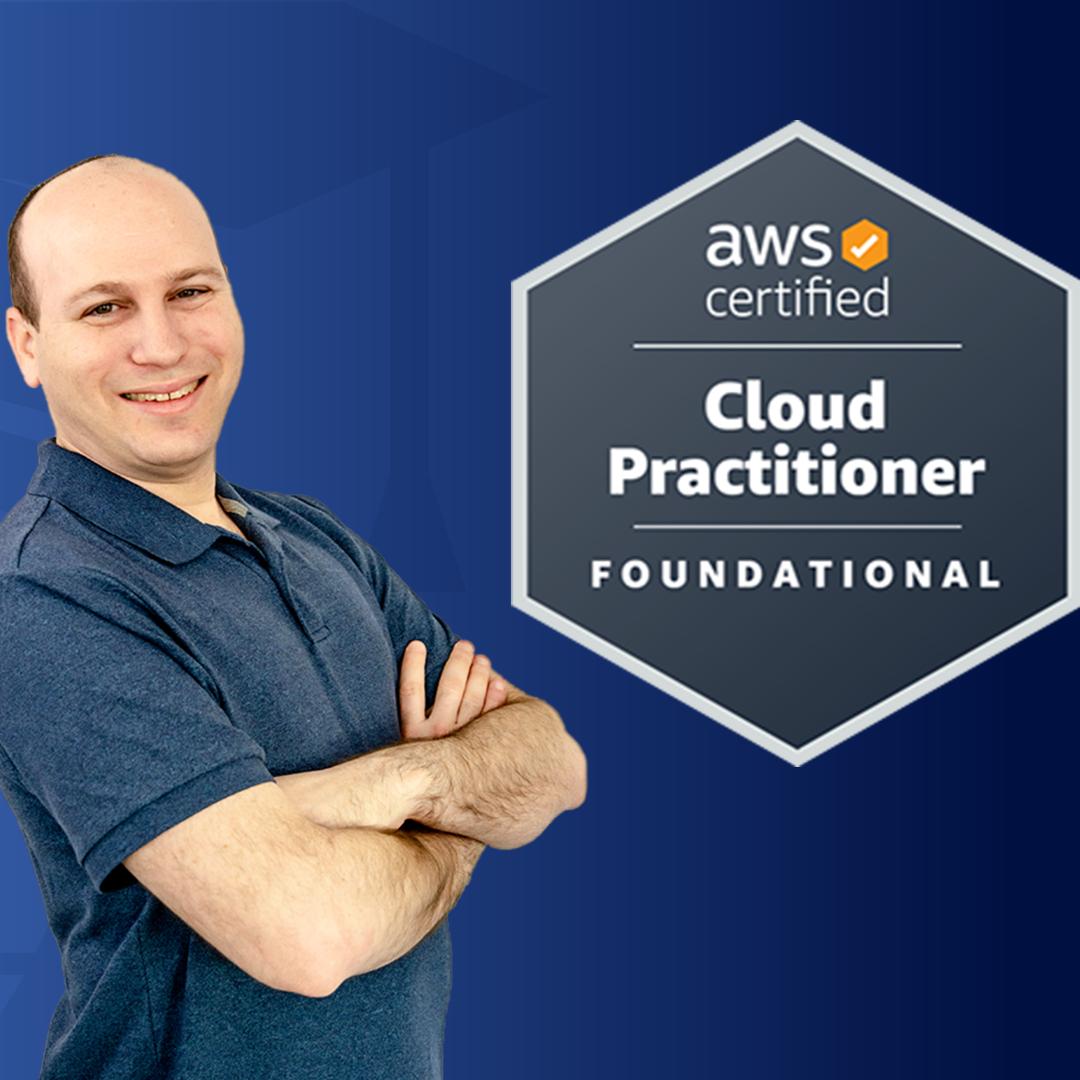 Man with AWS Cloud Practitioner certification badge on a blue background
